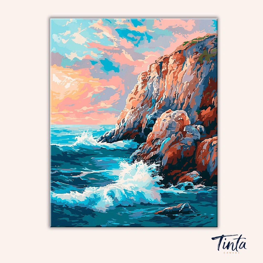 Clean artwork of Crashing Tide Cliffs paint by numbers kit showing dramatic sea spray and sunset sky by Tinta Canvas