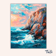 Clean artwork of Crashing Tide Cliffs paint by numbers kit showing dramatic sea spray and sunset sky by Tinta Canvas