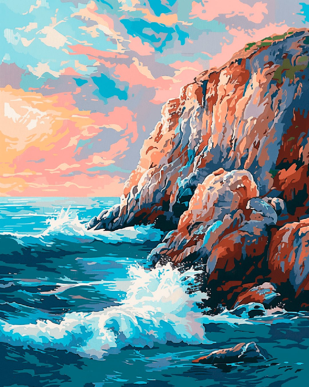Crashing Tide Cliffs paint by numbers kit showing ocean waves crashing against rocky coastal cliffs at sunset