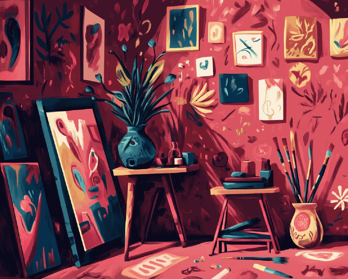 Canvas art paint by numbers kit for adults showing a warm creative workspace with paintings and brushes by Tinta Canvas