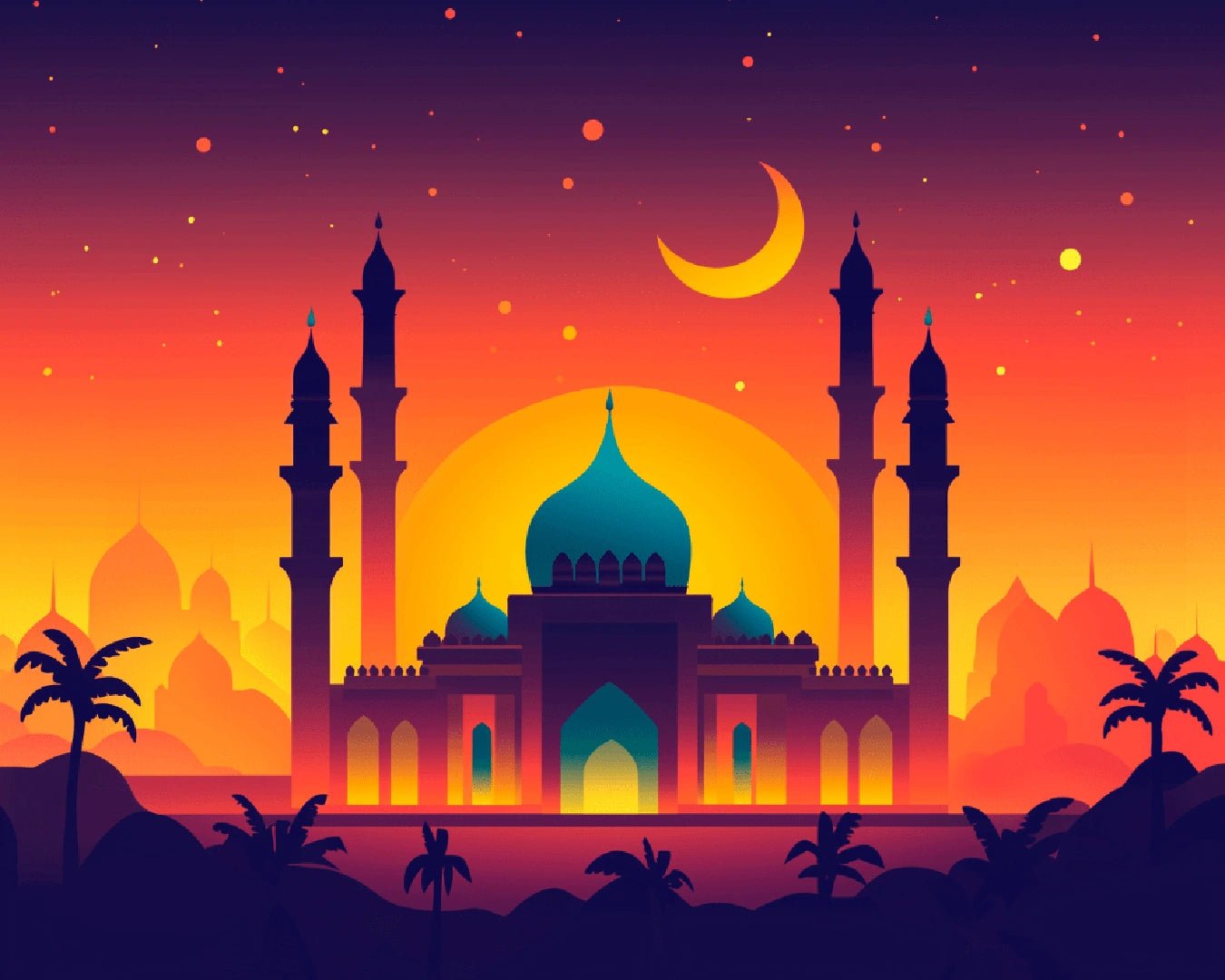 Religious paint by numbers canvas for adults featuring a mosque silhouette, crescent moon, and vibrant evening colors