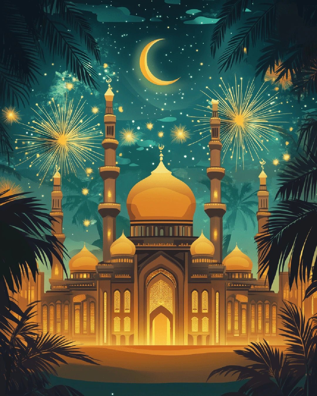 Islamic paint by numbers kit canvas painting showing crescent mosque under moonlit night sky and palm trees