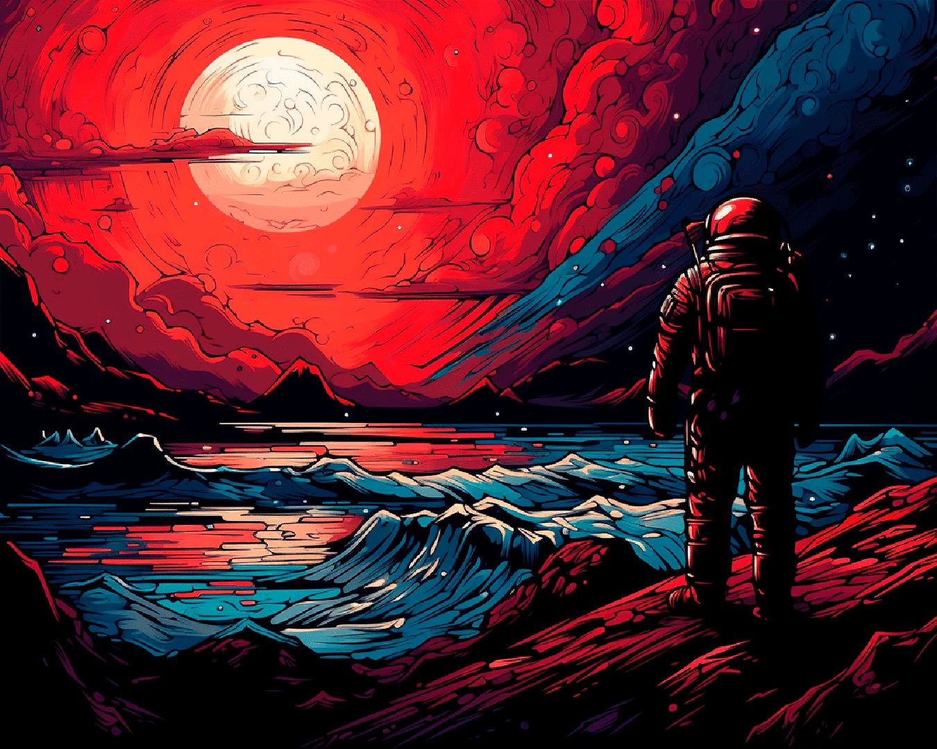 Space-themed paint by numbers canvas showing astronaut beneath red moon and alien sea