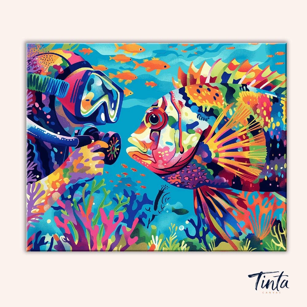 Clean artwork of the Curious Encounter paint by numbers kit featuring a colorful diver and tropical fish in a coral reef scene by Tinta Canvas