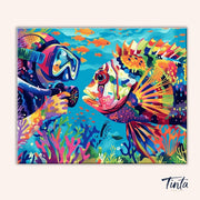 Clean artwork of the Curious Encounter paint by numbers kit featuring a colorful diver and tropical fish in a coral reef scene by Tinta Canvas