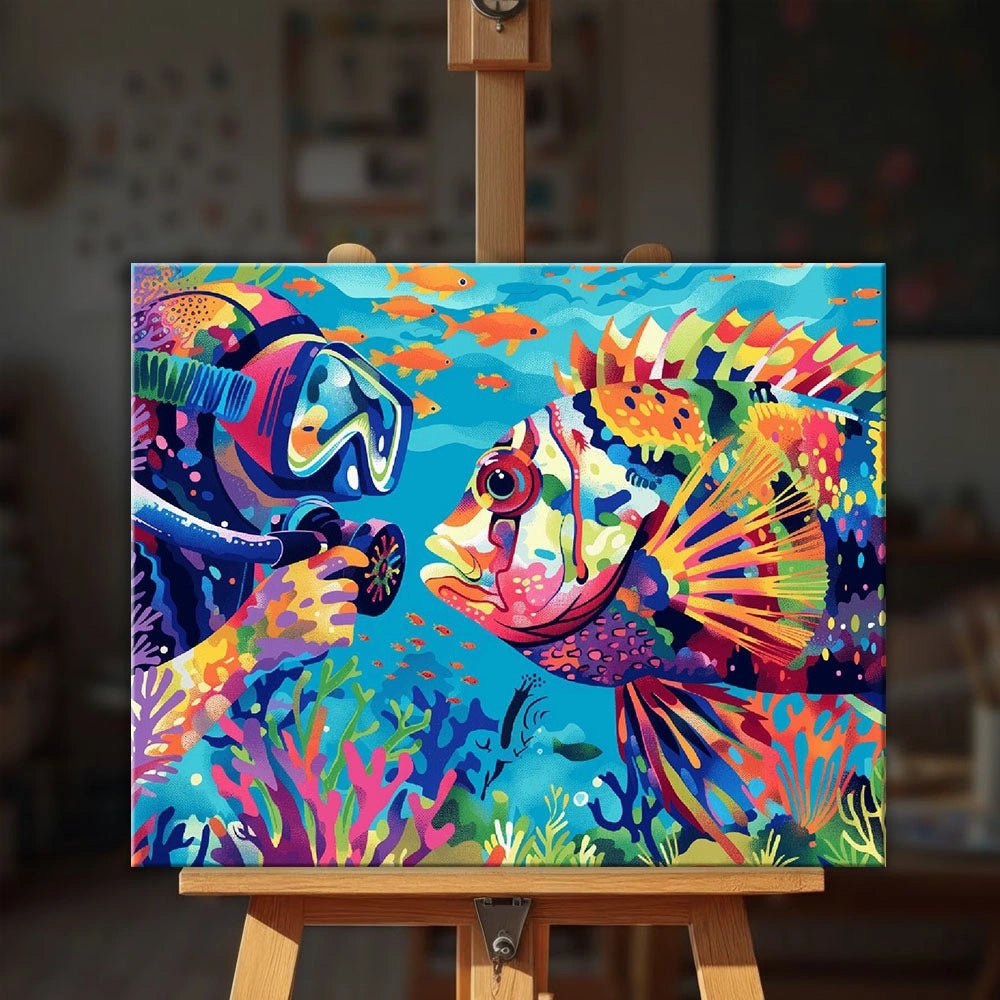Curious Encounter paint by numbers kit displayed on an easel showing a bright underwater meeting between a diver and fish by Tinta Canvas
