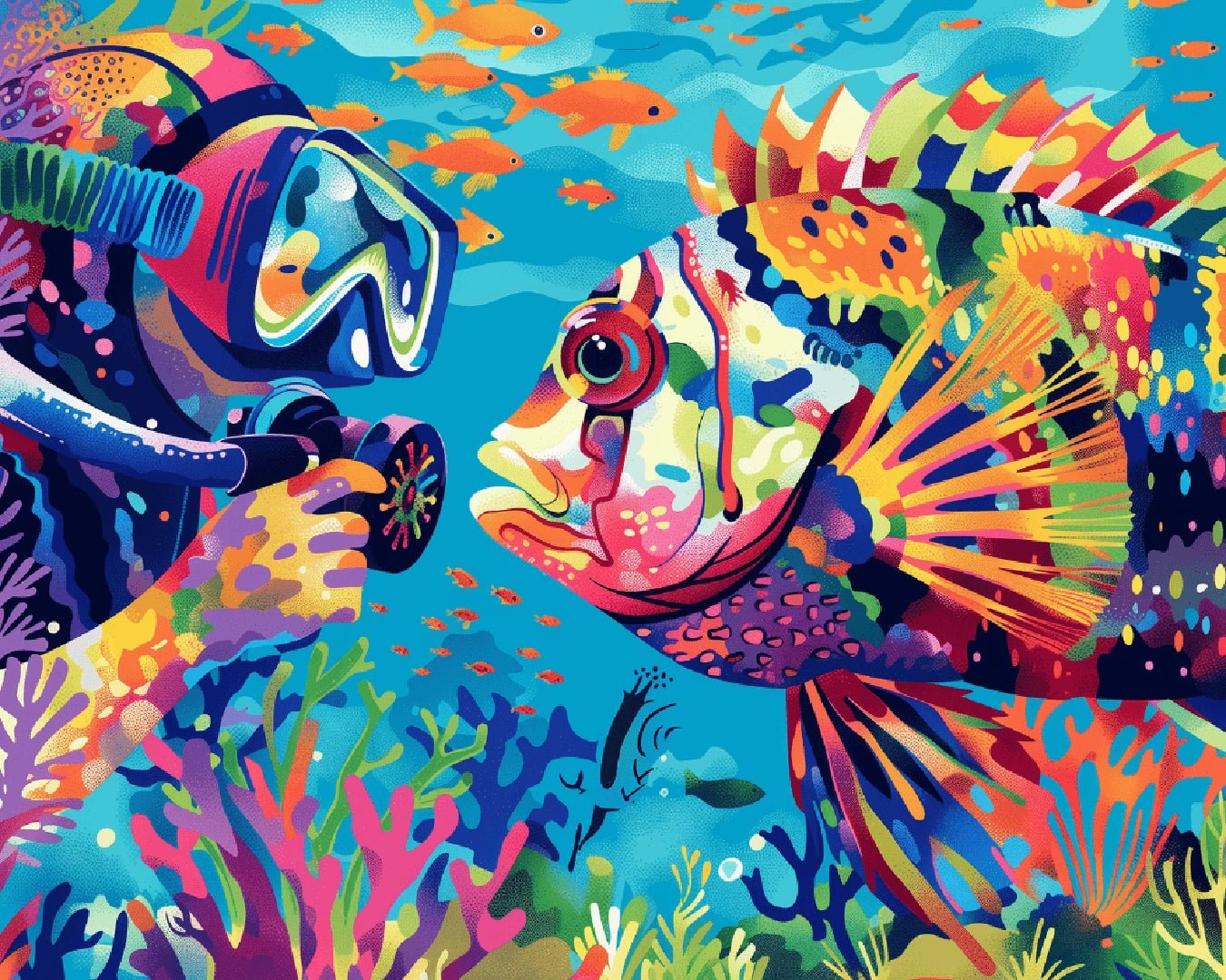 Raw artwork from the Curious Encounter paint by numbers kit showing a diver exploring a vivid coral reef with tropical fish by Tinta Canvas
