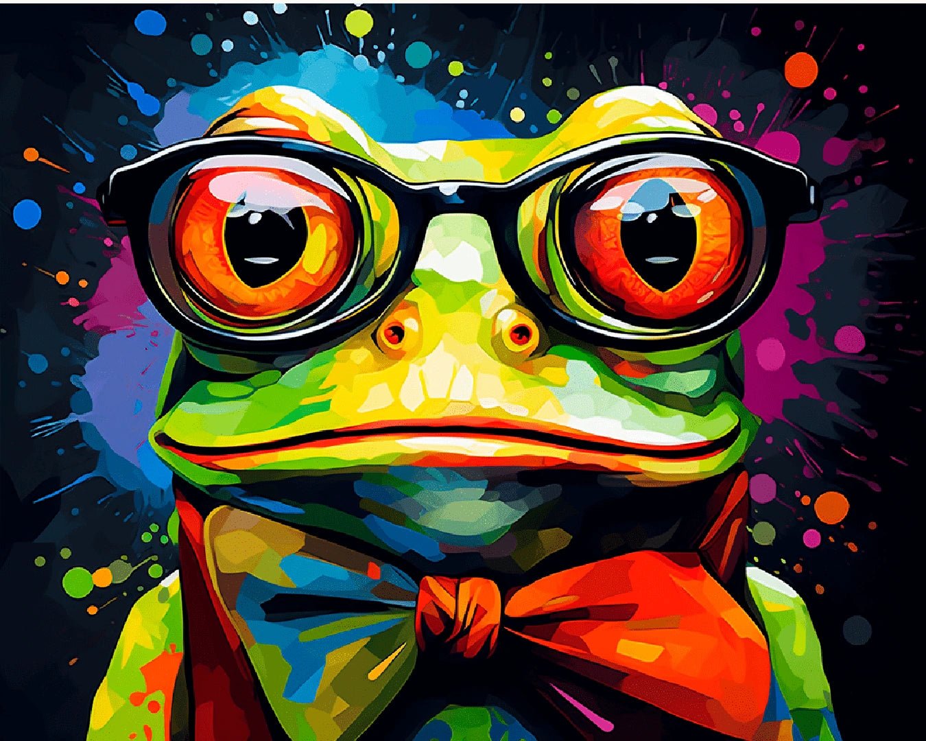 Animal paint by numbers kit canvas painting showing colorful frog portrait with glasses and modern pop art style