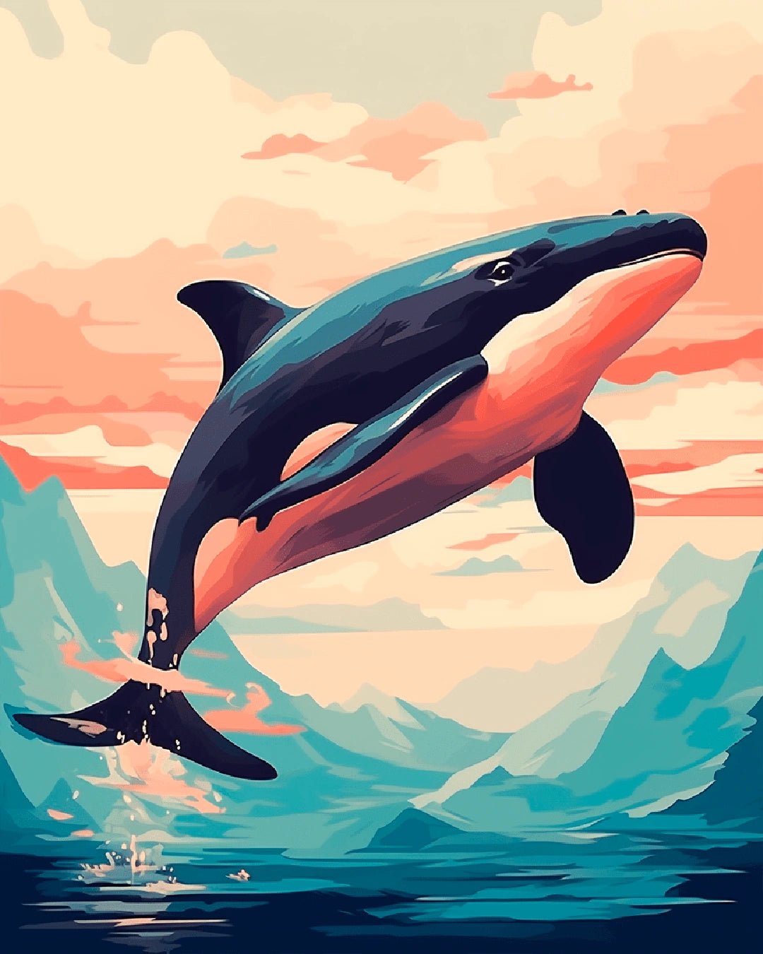 Paint by numbers canvas featuring a dolphin jumping from the sea at sunset