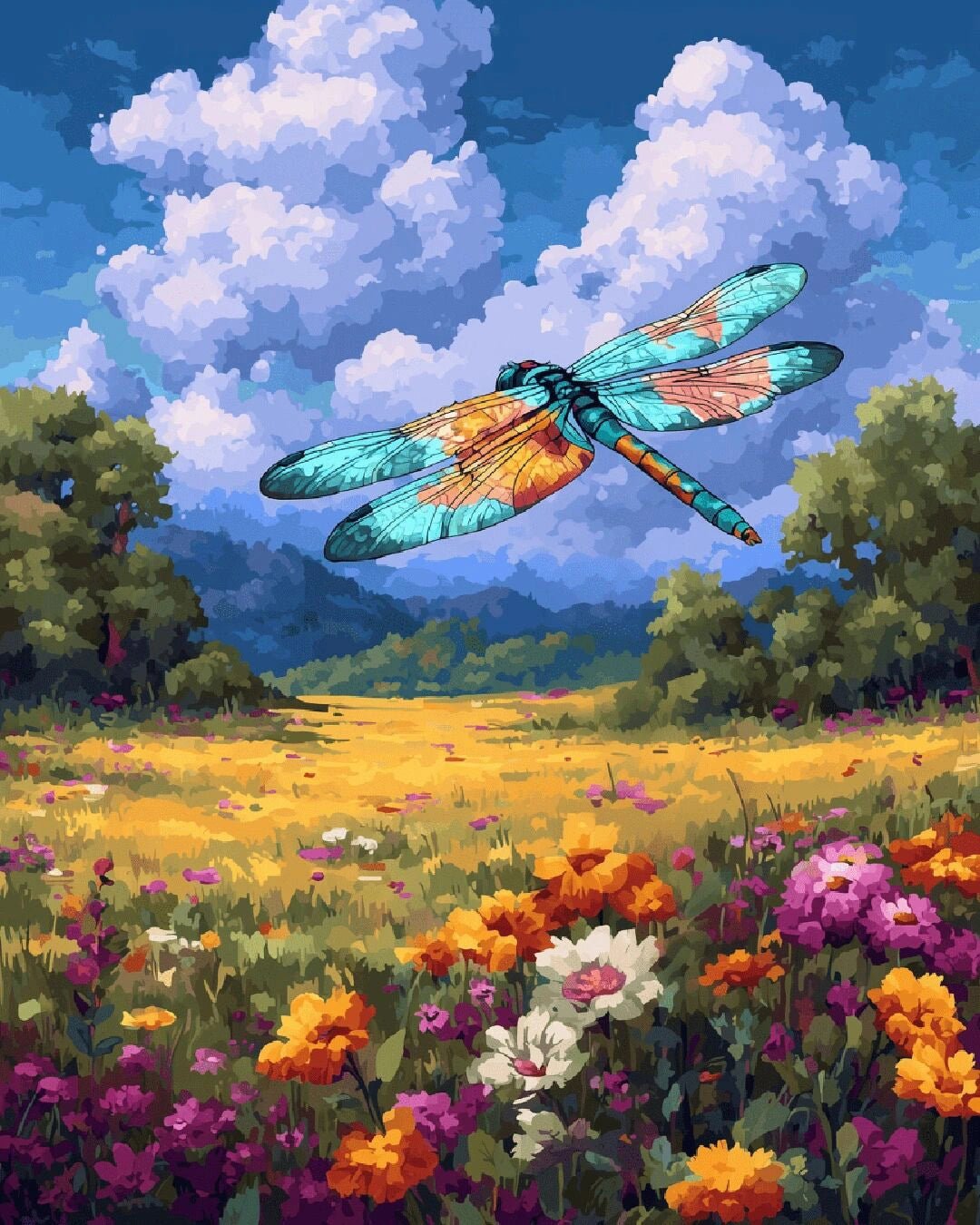 Dragonfly Flower Field paint by numbers kit