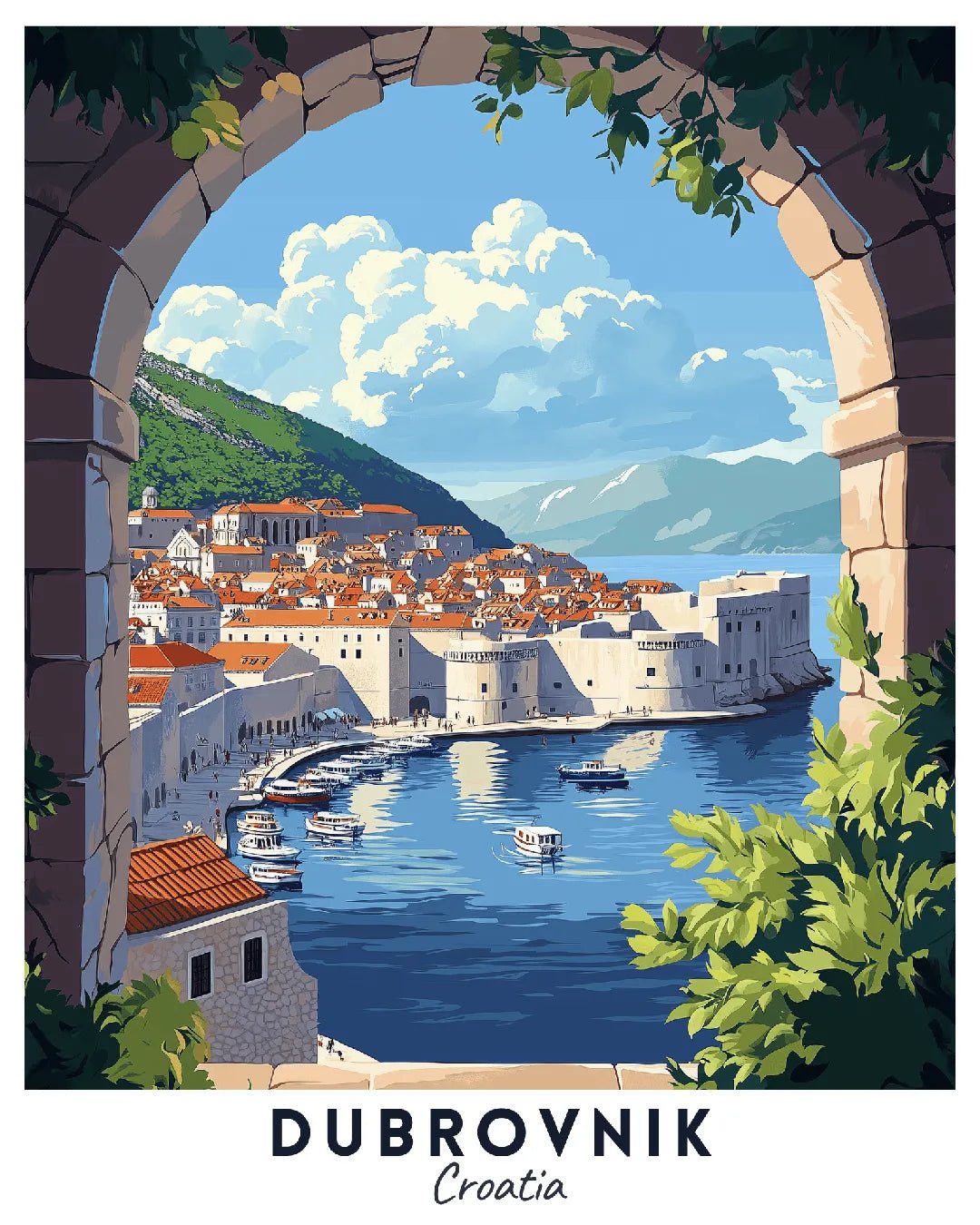 Dubrovnik Travel Poster Paint by Numbers Kit featuring old town walls, terracotta rooftops, and blue coastal waters