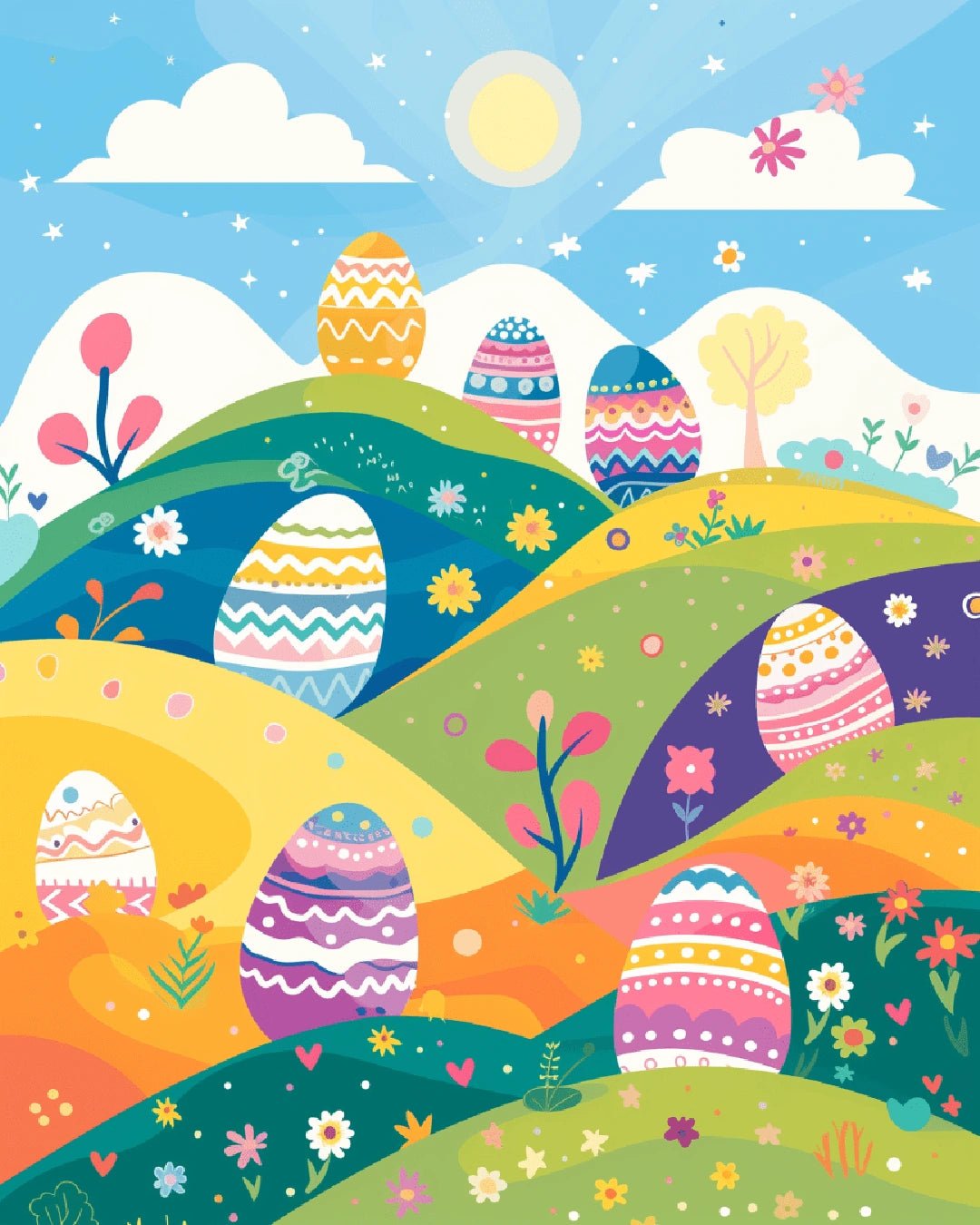 Spring Easter paint by numbers canvas with patterned eggs, flowers, and rolling hills