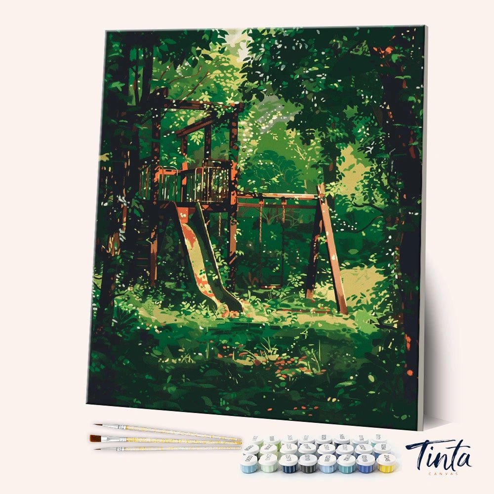 Angled display of the Echoes of Childhood paint by numbers kit showing a wooden playground set in a quiet forest clearing by Tinta Canvas