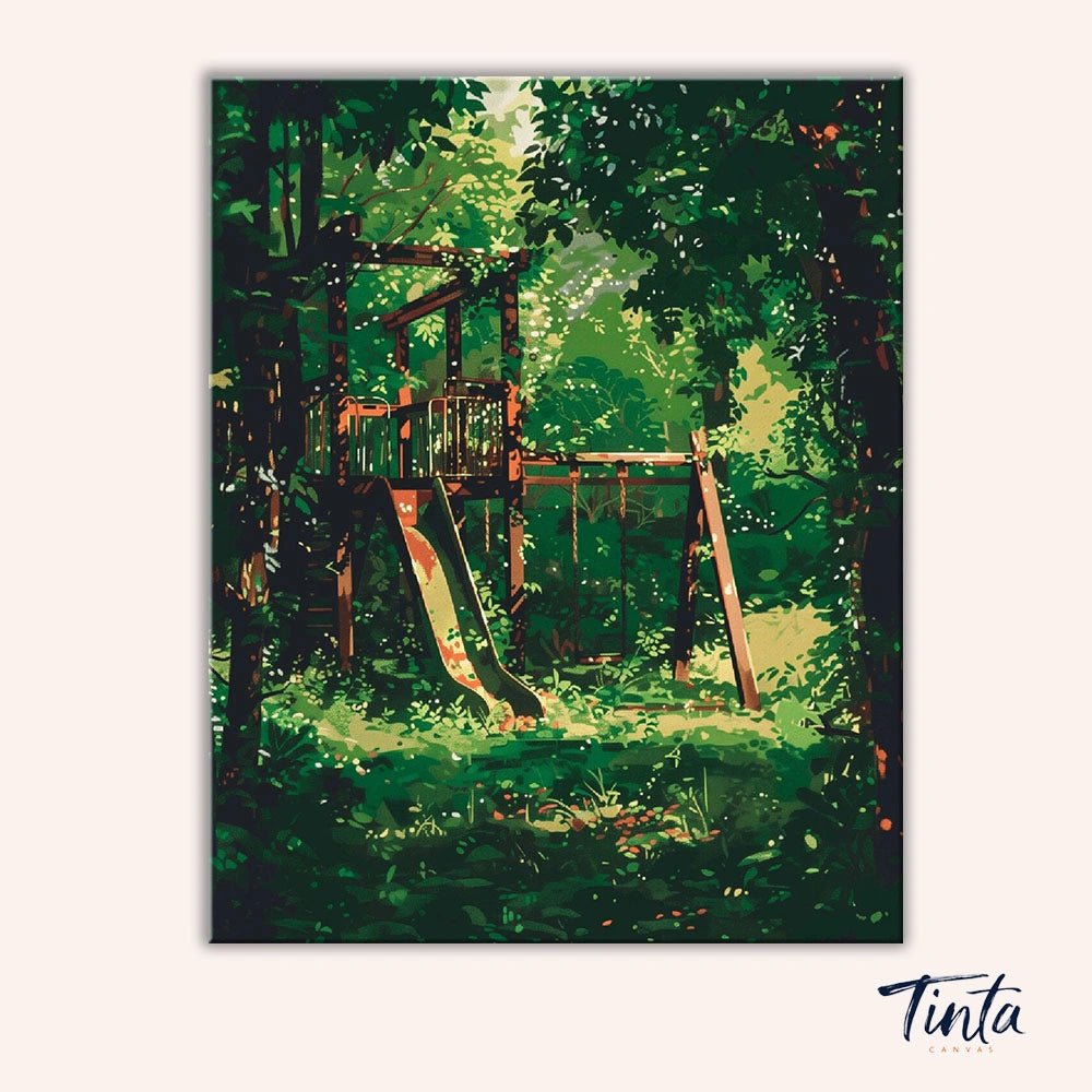 Clean artwork of the Echoes of Childhood paint by numbers kit featuring a nostalgic treehouse playground surrounded by lush greenery by Tinta Canvas