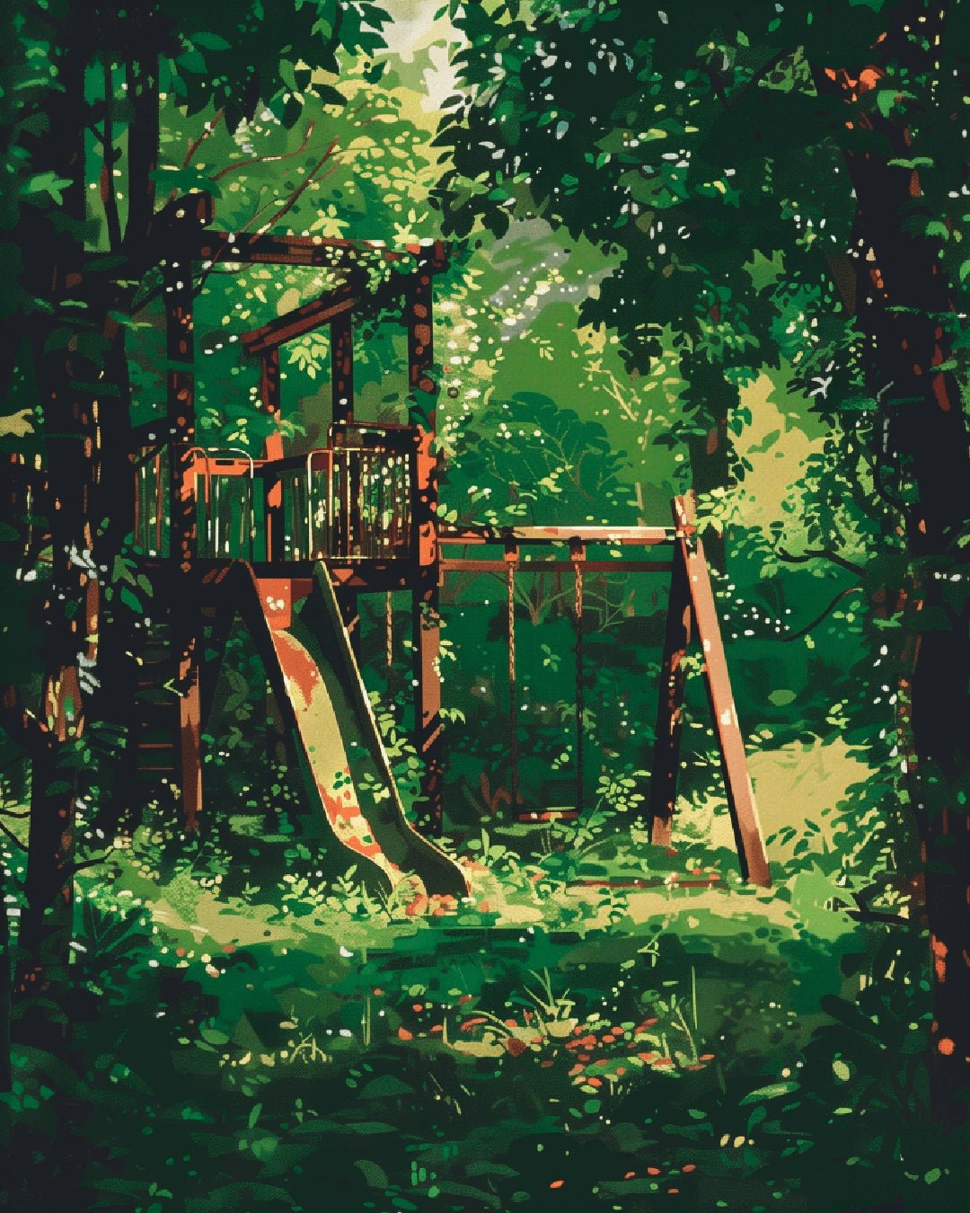 Raw artwork from the Echoes of Childhood paint by numbers kit showing a nostalgic playground hidden in a sunlit forest by Tinta Canvas