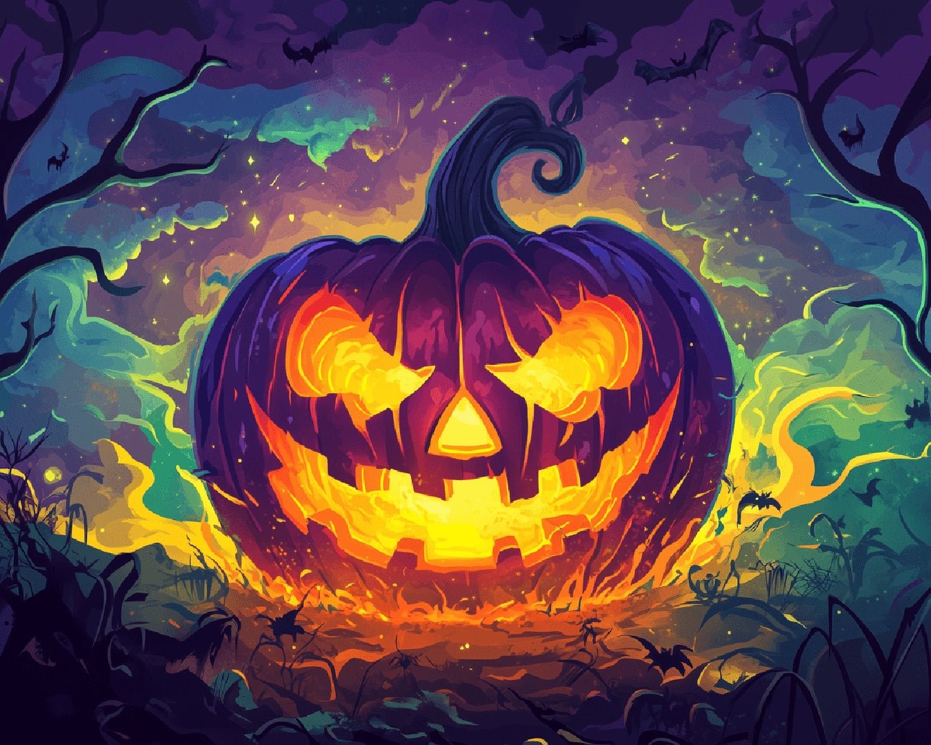 Paint by numbers canvas featuring a flaming Halloween pumpkin surrounded by smoke and twisted trees