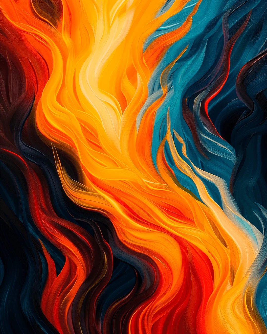 Abstract paint by numbers canvas featuring fluid fire-like shapes blending warm and cool colors