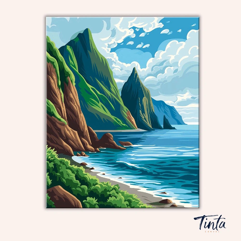 Full artwork of Emerald Cliff Coast paint by numbers kit showing dramatic coastal mountains and calm sea by Tinta Canvas