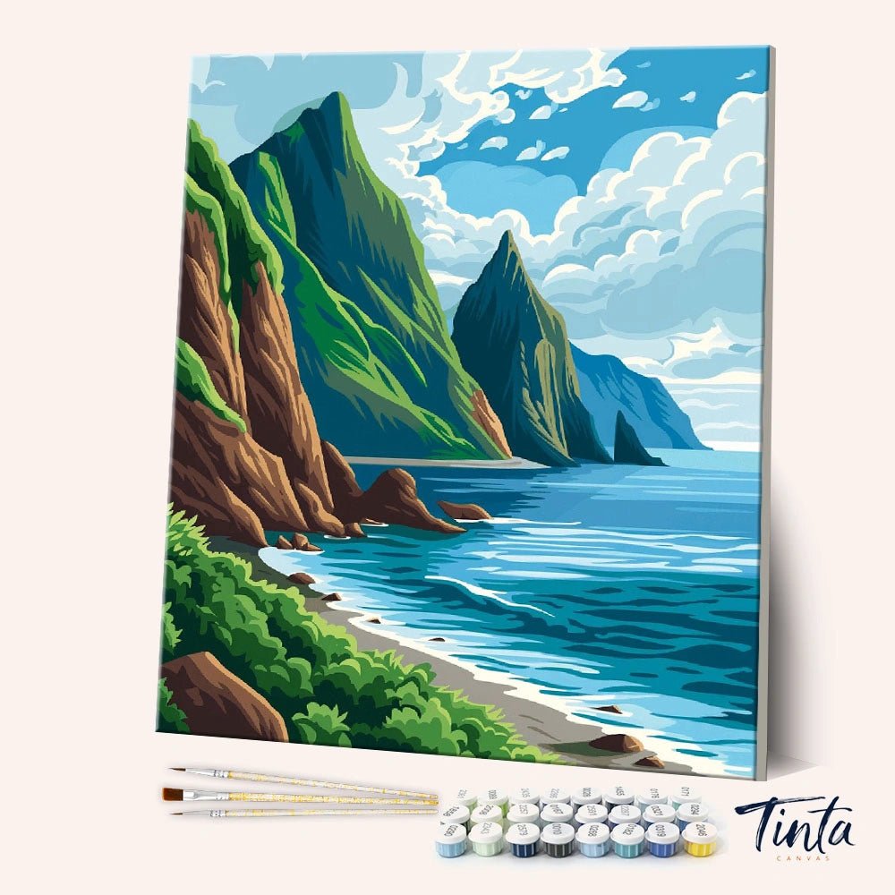 Angled canvas view of Emerald Cliff Coast paint by numbers kit with towering green cliffs and blue ocean by Tinta Canvas