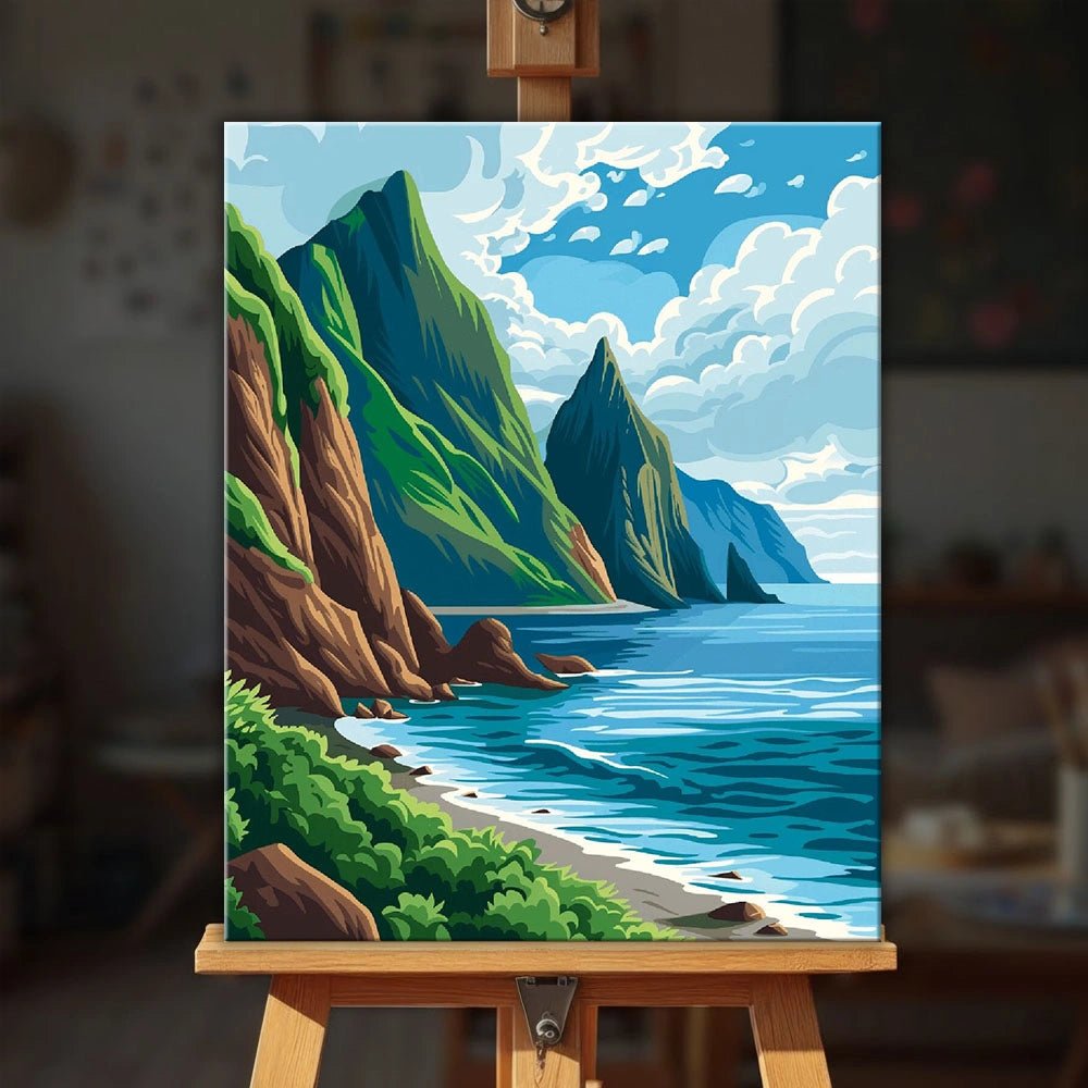 Emerald Cliff Coast paint by numbers kit displayed on an easel in a bright modern interior by Tinta Canvas