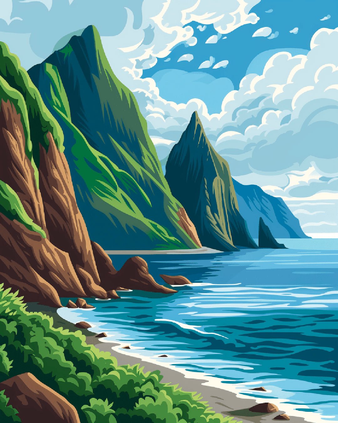 Emerald Cliff Coast paint by numbers kit showing green coastal cliffs beside calm blue ocean water