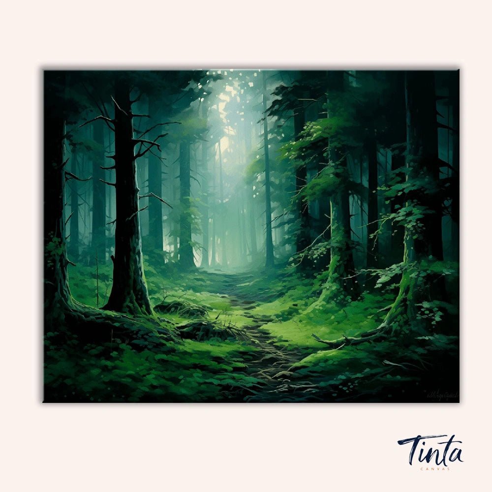 Clean artwork of the Emerald Forest Path paint by numbers kit featuring a glowing forest trail with tall trees and soft light by Tinta Canvas