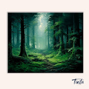 Clean artwork of the Emerald Forest Path paint by numbers kit featuring a glowing forest trail with tall trees and soft light by Tinta Canvas