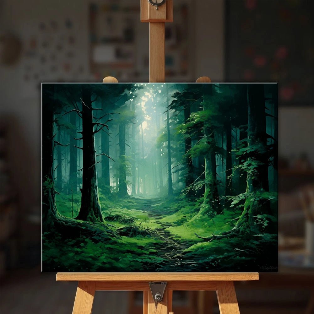 Emerald Forest Path paint by numbers kit displayed on an easel showing peaceful woodland path with vibrant green foliage by Tinta Canvas