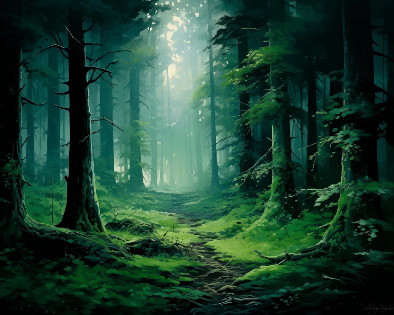 Raw landscape artwork from the Emerald Forest Path paint by numbers kit showing misty forest trail and towering trees by Tinta Canvas