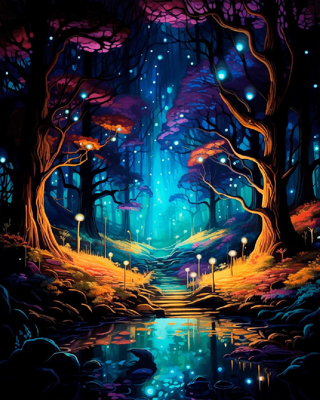 Magical paint by numbers kit canvas painting showing glowing forest path with illuminated trees and reflections