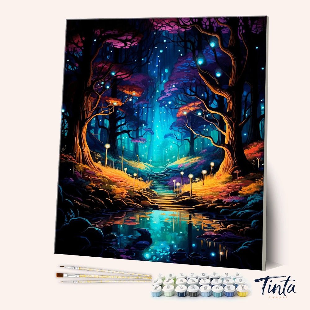 Angled display of the Enchanted Forest Path paint by numbers kit showing glowing trees and a magical forest stream by Tinta Canvas
