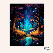 Clean artwork of the Enchanted Forest Path paint by numbers kit featuring luminous trees and a mystical woodland trail by Tinta Canvas