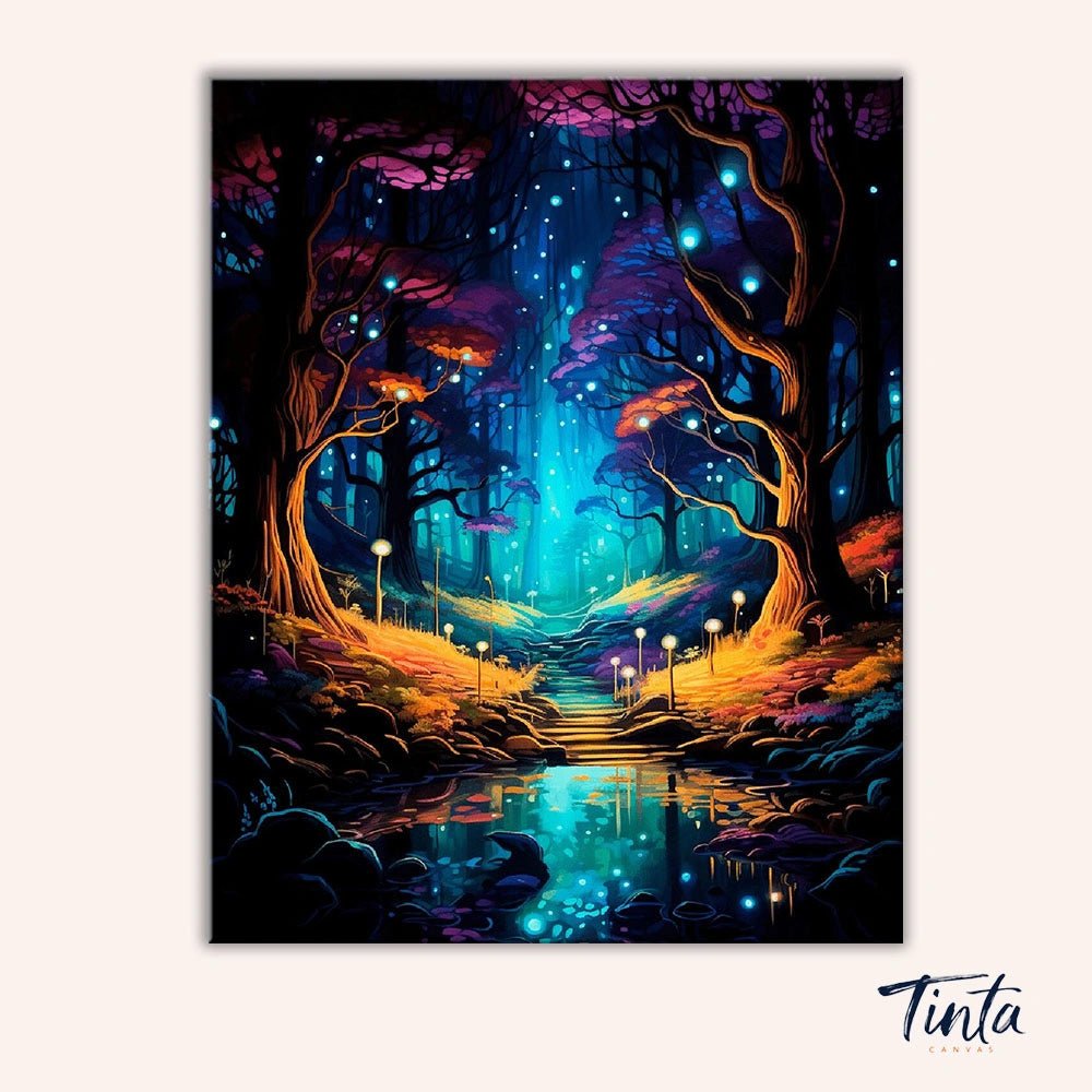 Clean artwork of the Enchanted Forest Path paint by numbers kit featuring luminous trees and a mystical woodland trail by Tinta Canvas