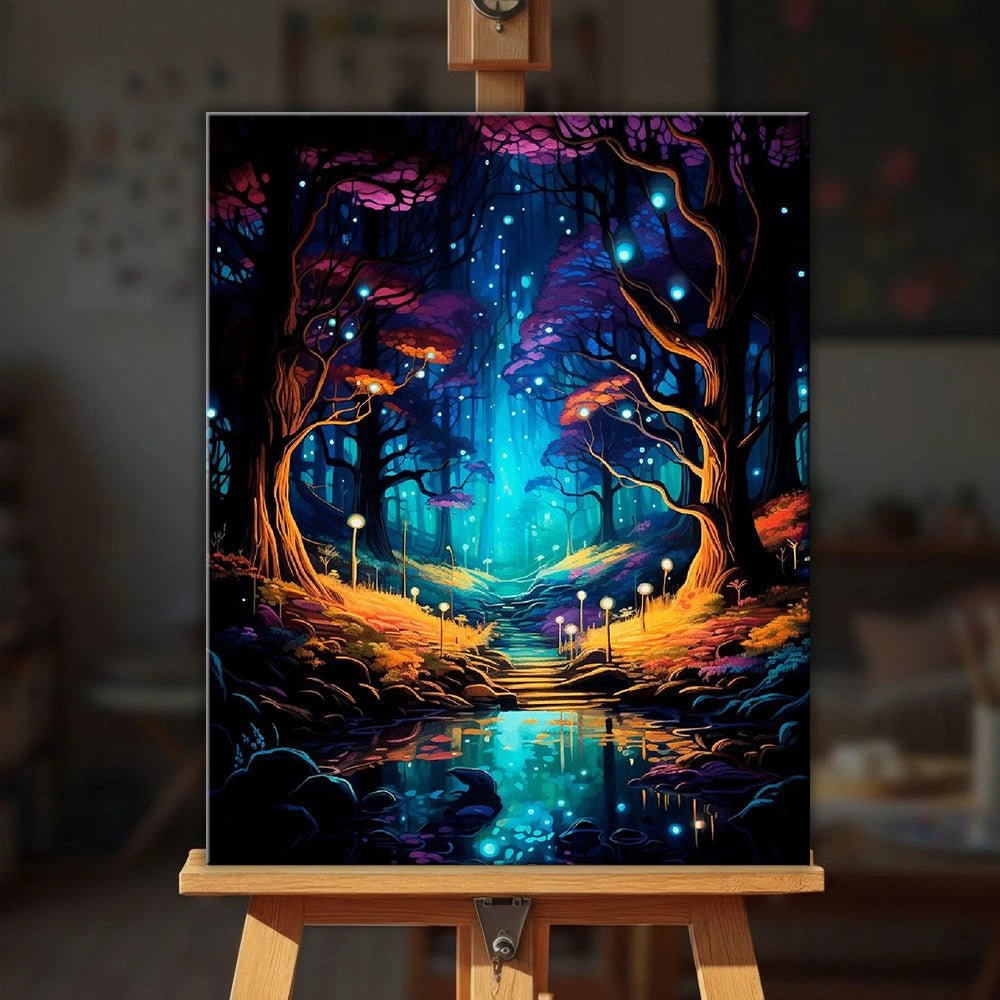Enchanted Forest Path paint by numbers kit displayed on an easel showing glowing lights and a magical woodland path by Tinta Canvas