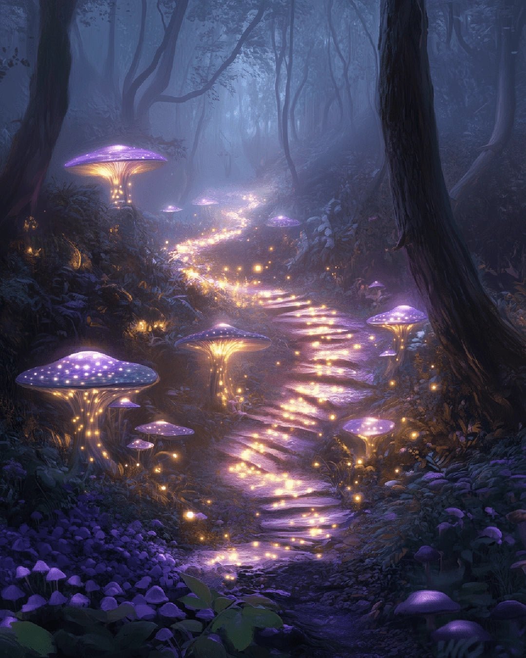 Magical forest paint by numbers canvas with luminous mushrooms and soft glowing trail