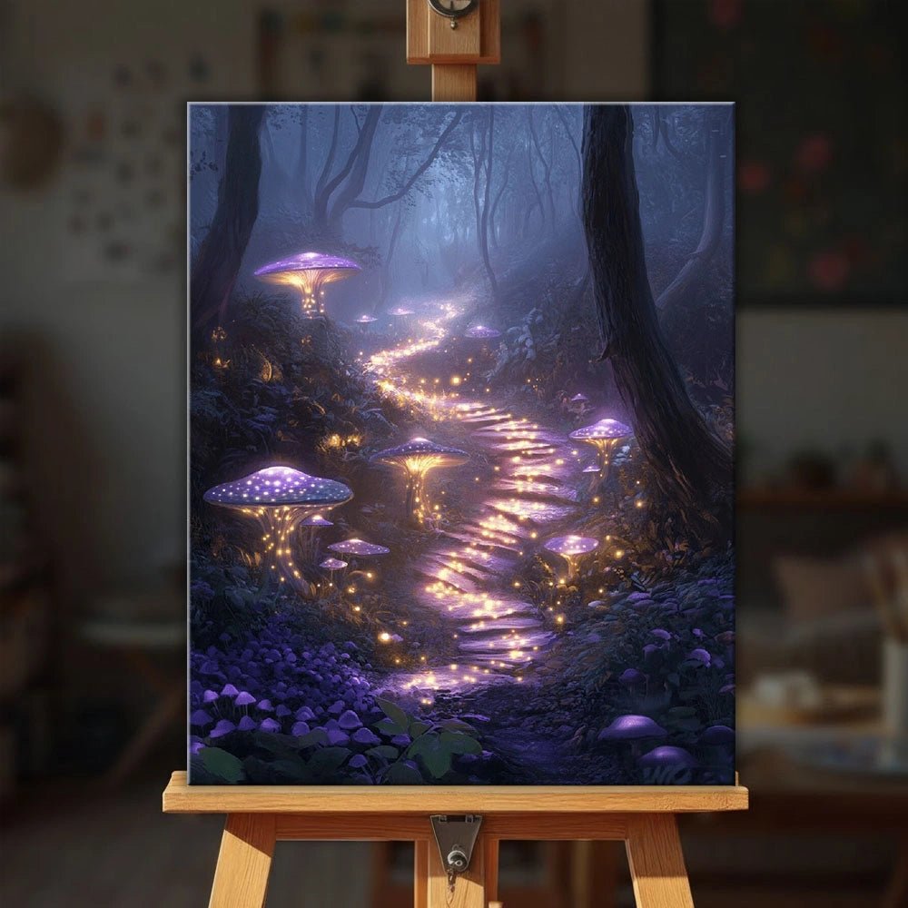 Enchanted Glow Path paint by numbers kit displayed on an easel showing a glowing path winding through a dark enchanted forest by Tinta Canvas