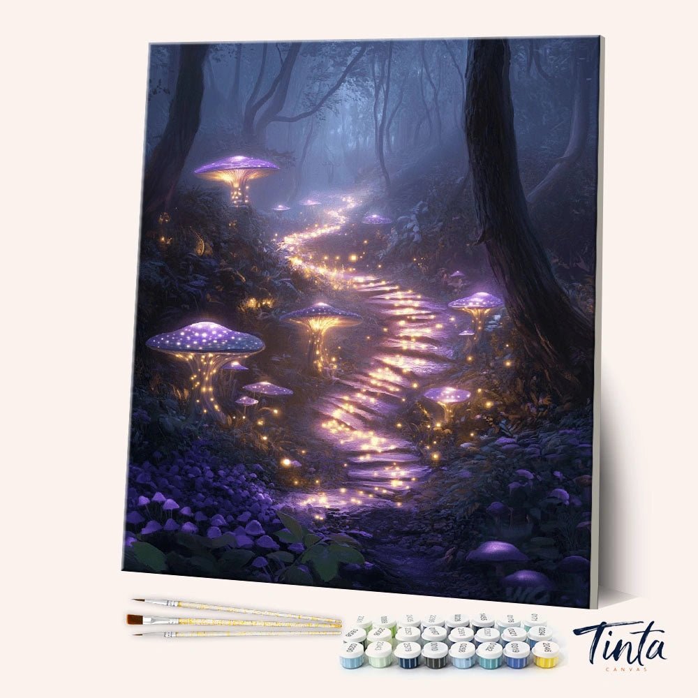 Enchanted Glow Path paint by numbers kit showing a luminous forest trail with glowing mushrooms and sparkling lights by Tinta Canvas