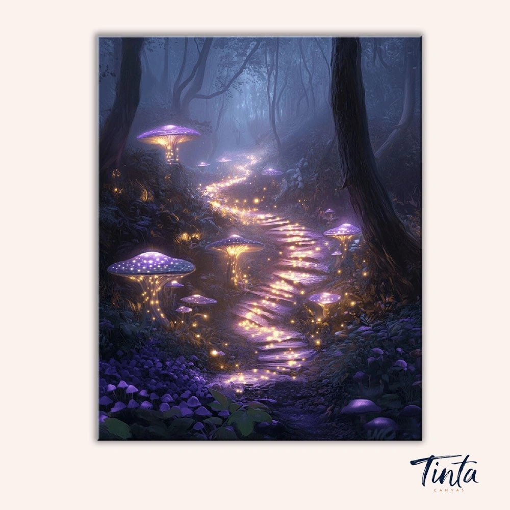 Enchanted Glow Path paint by numbers kit artwork featuring a magical forest path illuminated by glowing mushrooms by Tinta Canvas