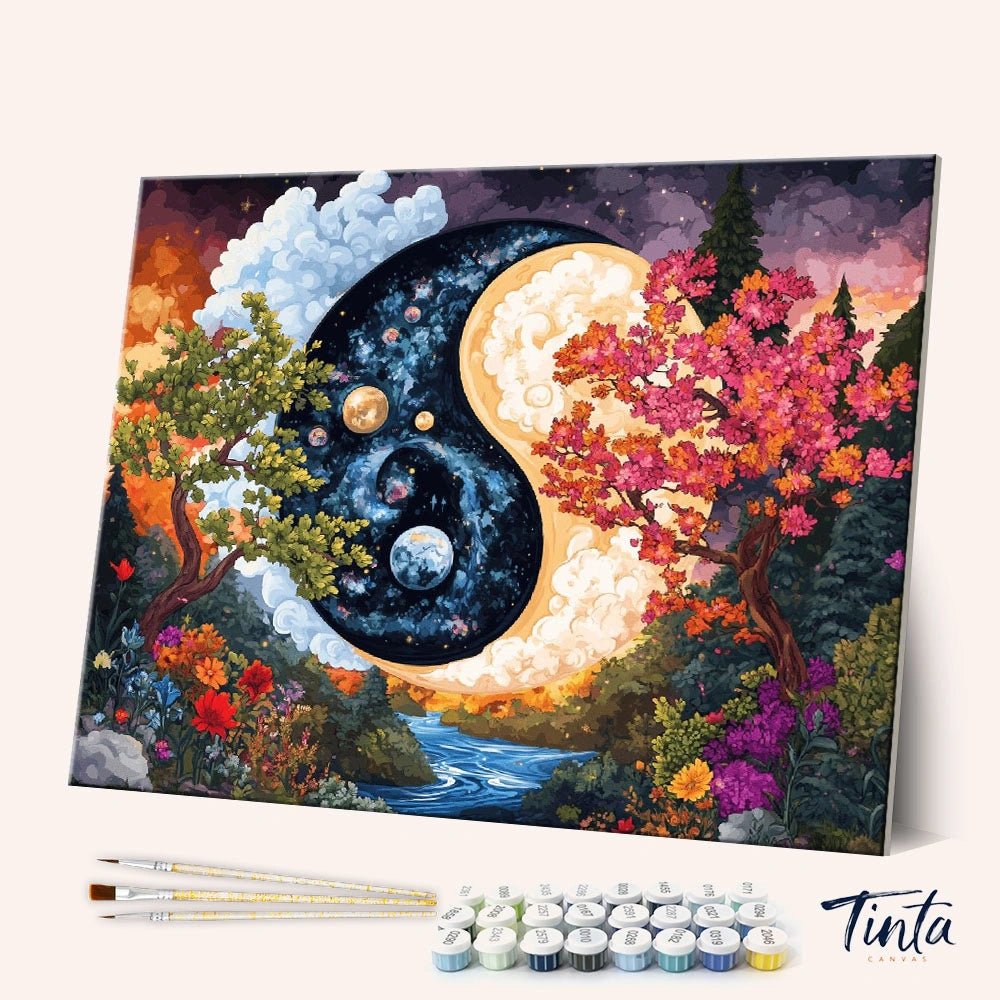 Angled display of the Eternal Balance paint by numbers kit showing a yin yang symbol blending nature and cosmos by Tinta Canvas