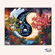 Clean artwork of the Eternal Balance paint by numbers kit featuring a yin yang design with celestial and natural elements by Tinta Canvas