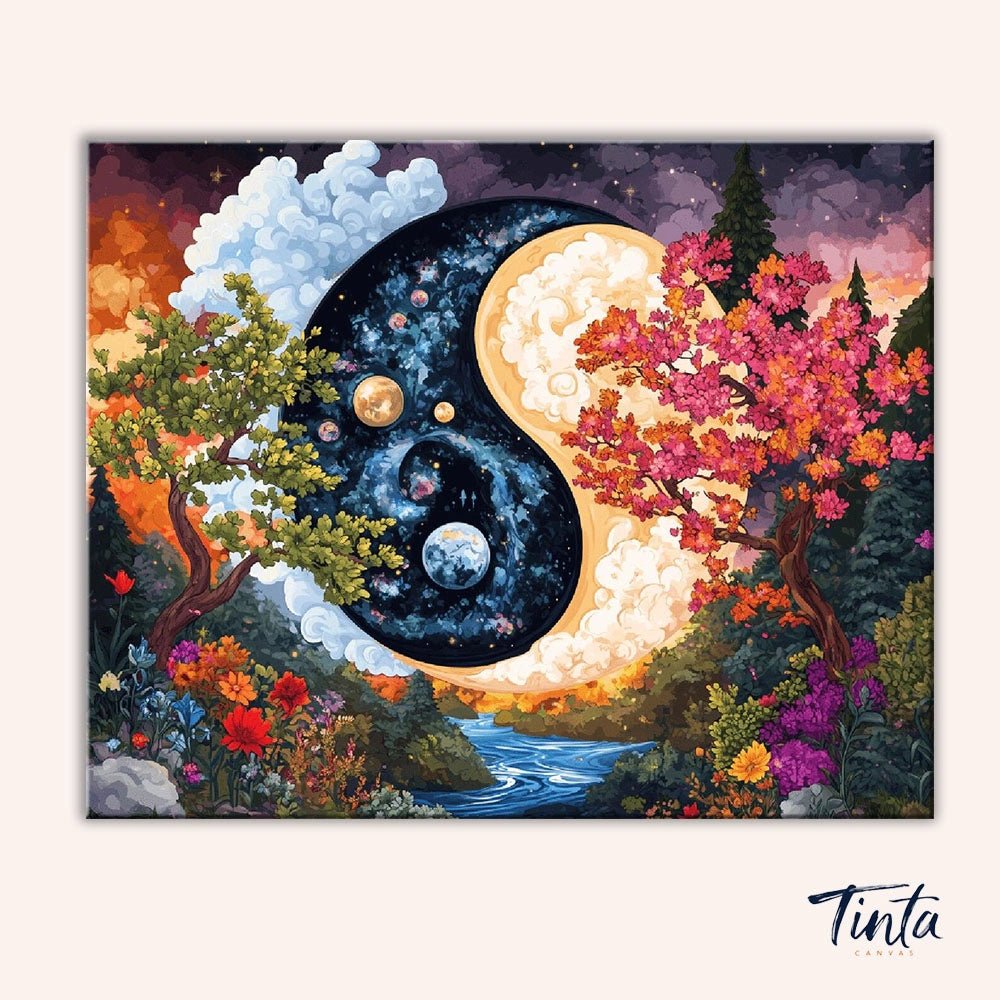 Clean artwork of the Eternal Balance paint by numbers kit featuring a yin yang design with celestial and natural elements by Tinta Canvas