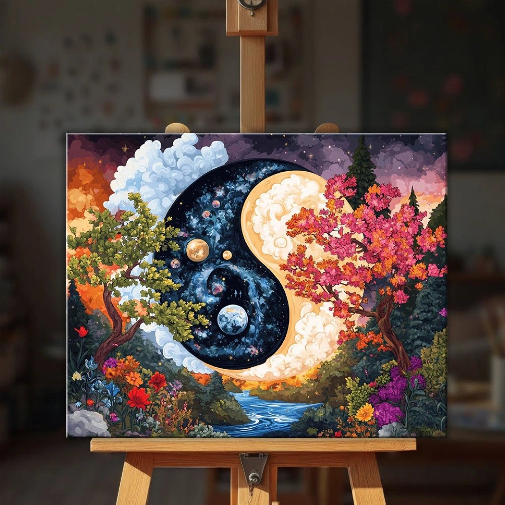 Eternal Balance paint by numbers kit displayed on an easel showing a vibrant yin yang landscape of sky, forest and flowers by Tinta Canvas