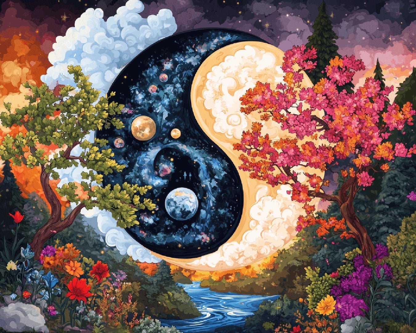 Raw artwork from the Eternal Balance paint by numbers kit showing a yin yang world blending day, night and nature by Tinta Canvas