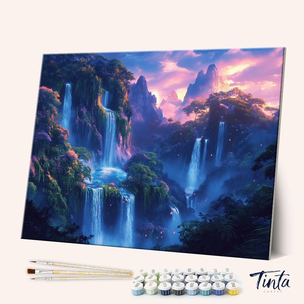 Ethereal Falls paint by numbers kit angled display showing waterfall landscape canvas with paint pots and brushes by Tinta Canvas