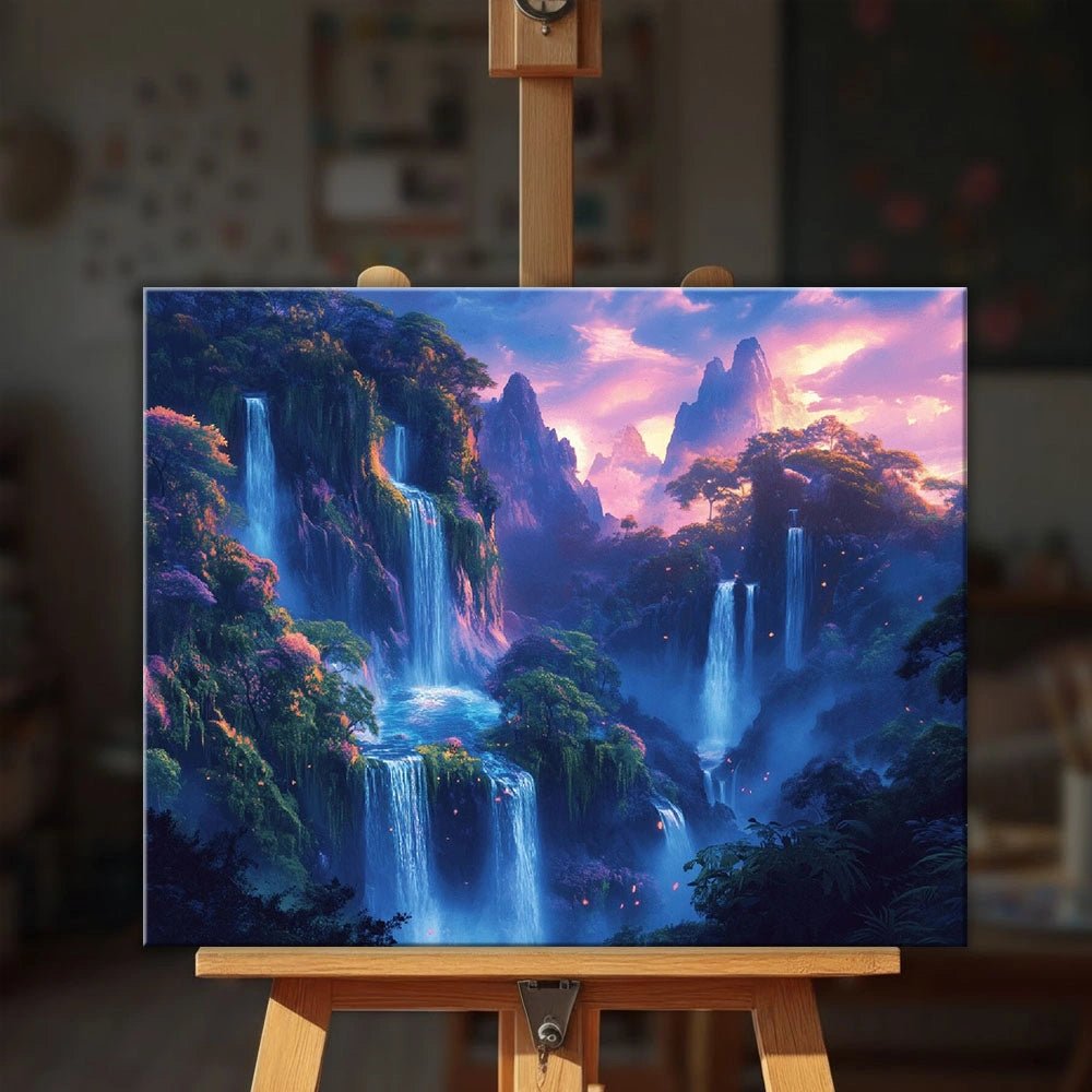Ethereal Falls paint by numbers kit displayed on a wooden easel in a cozy interior showing finished waterfall painting by Tinta Canvas