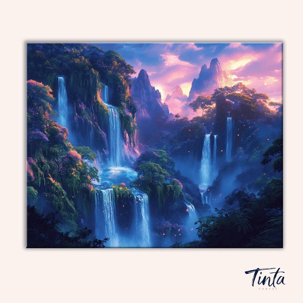 Ethereal Falls paint by numbers kit artwork featuring glowing waterfalls flowing through a dreamy mountain valley by Tinta Canvas