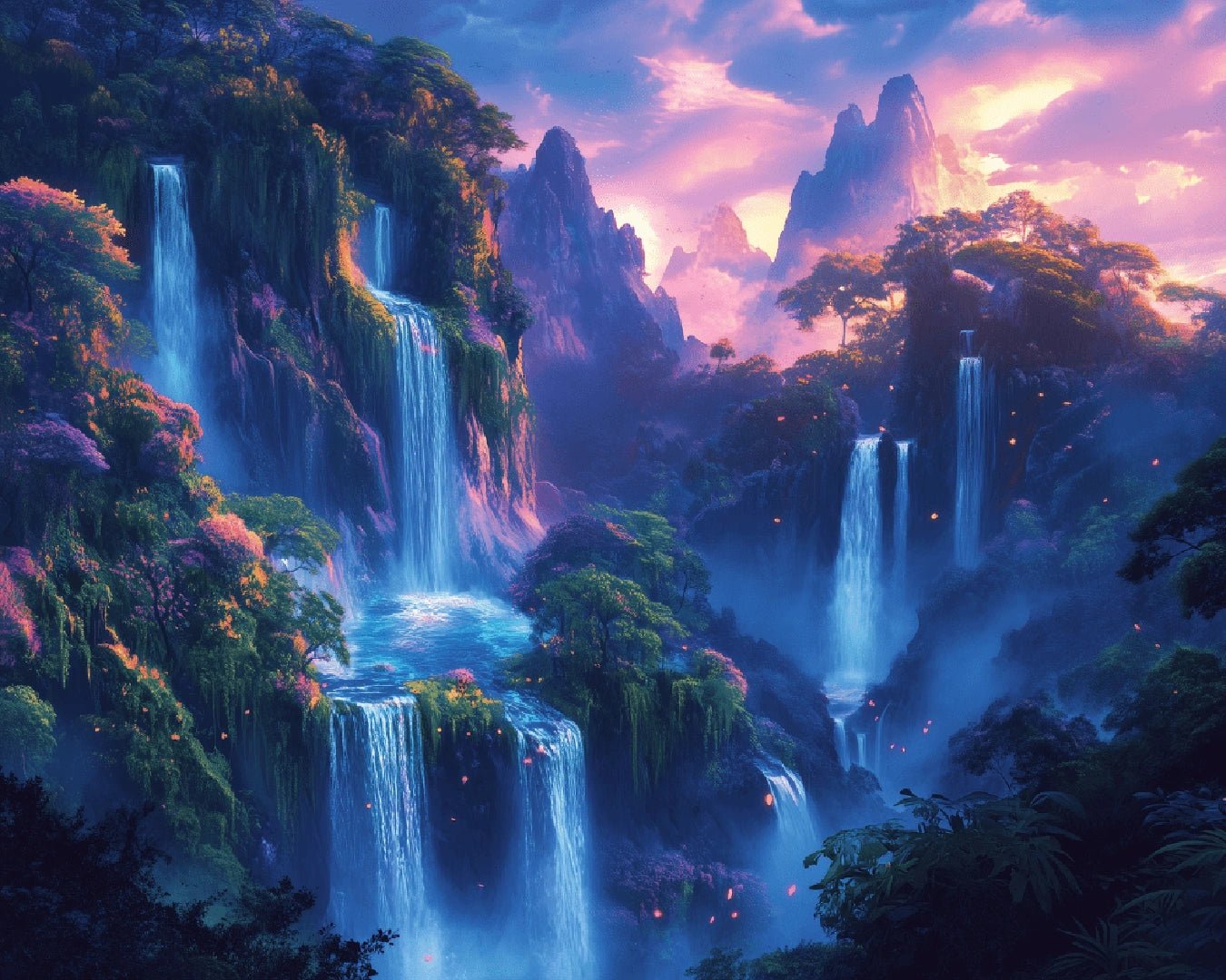 Ethereal Falls paint by numbers kit raw image showing magical waterfalls cascading through misty mountains by Tinta Canvas