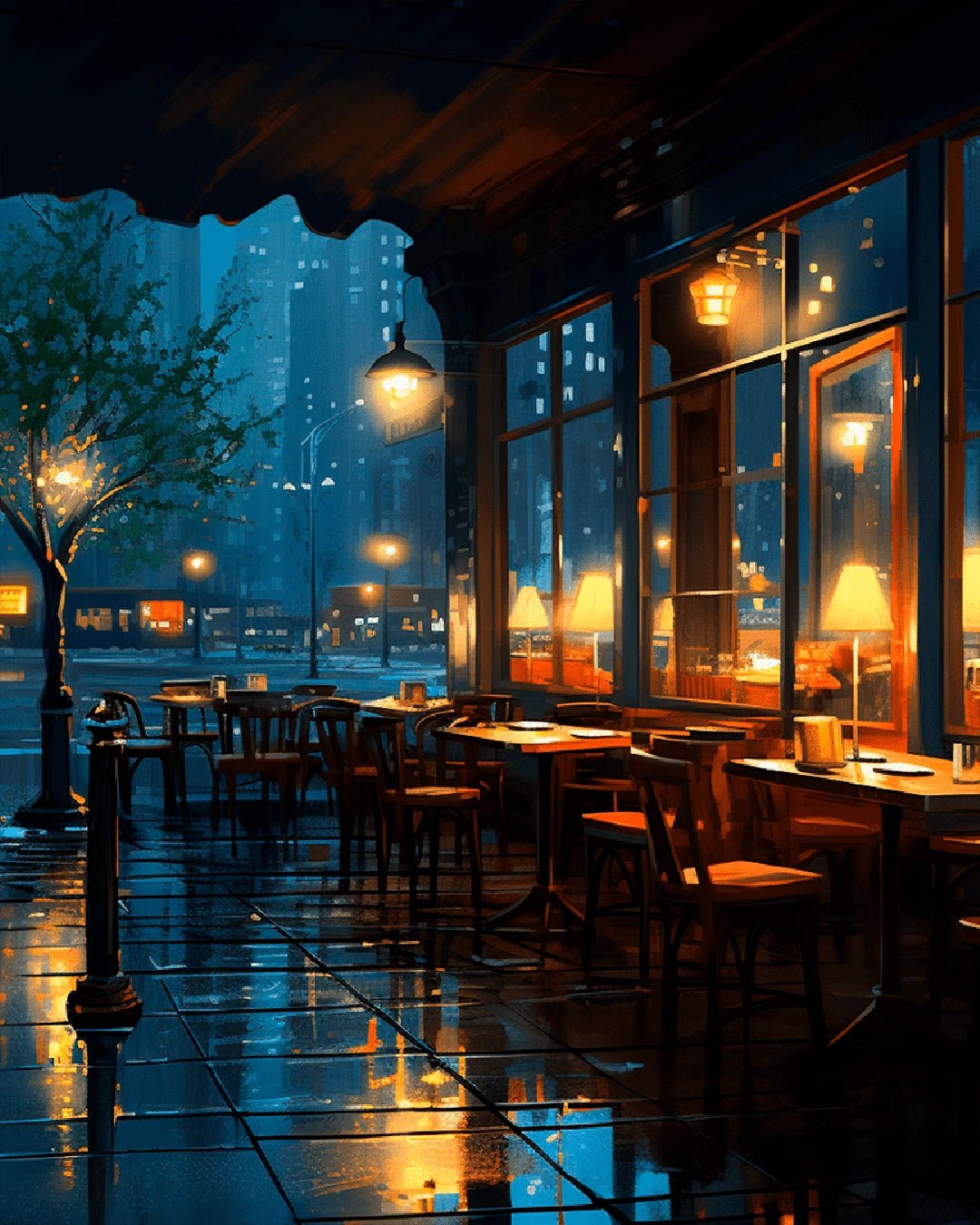 Canvas city paint by numbers kit for adults showcasing a rainy urban night scene with warm reflections by Tinta Canvas