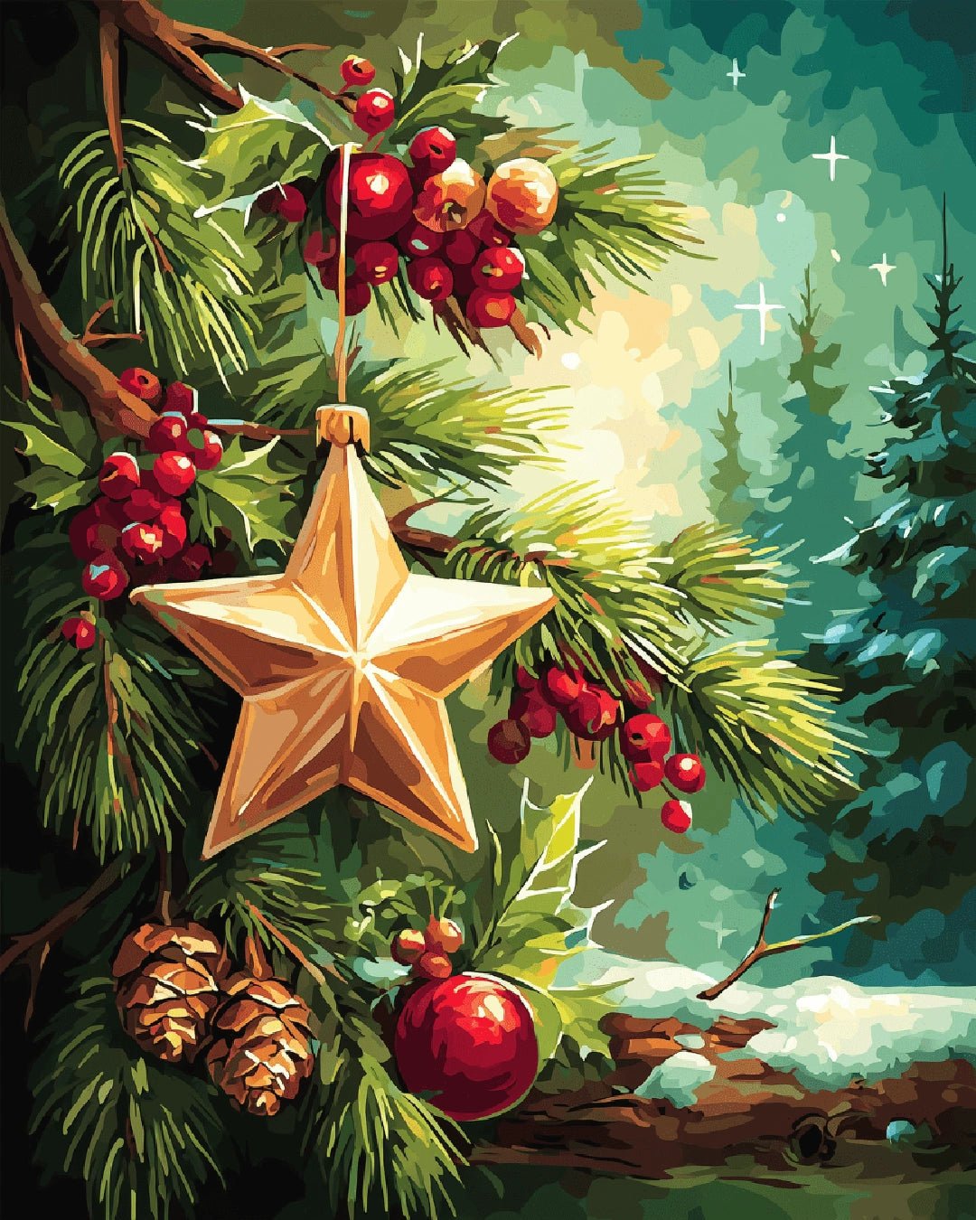 Paint by numbers canvas showing a festive star ornament hanging in a pine tree with berries and pinecones