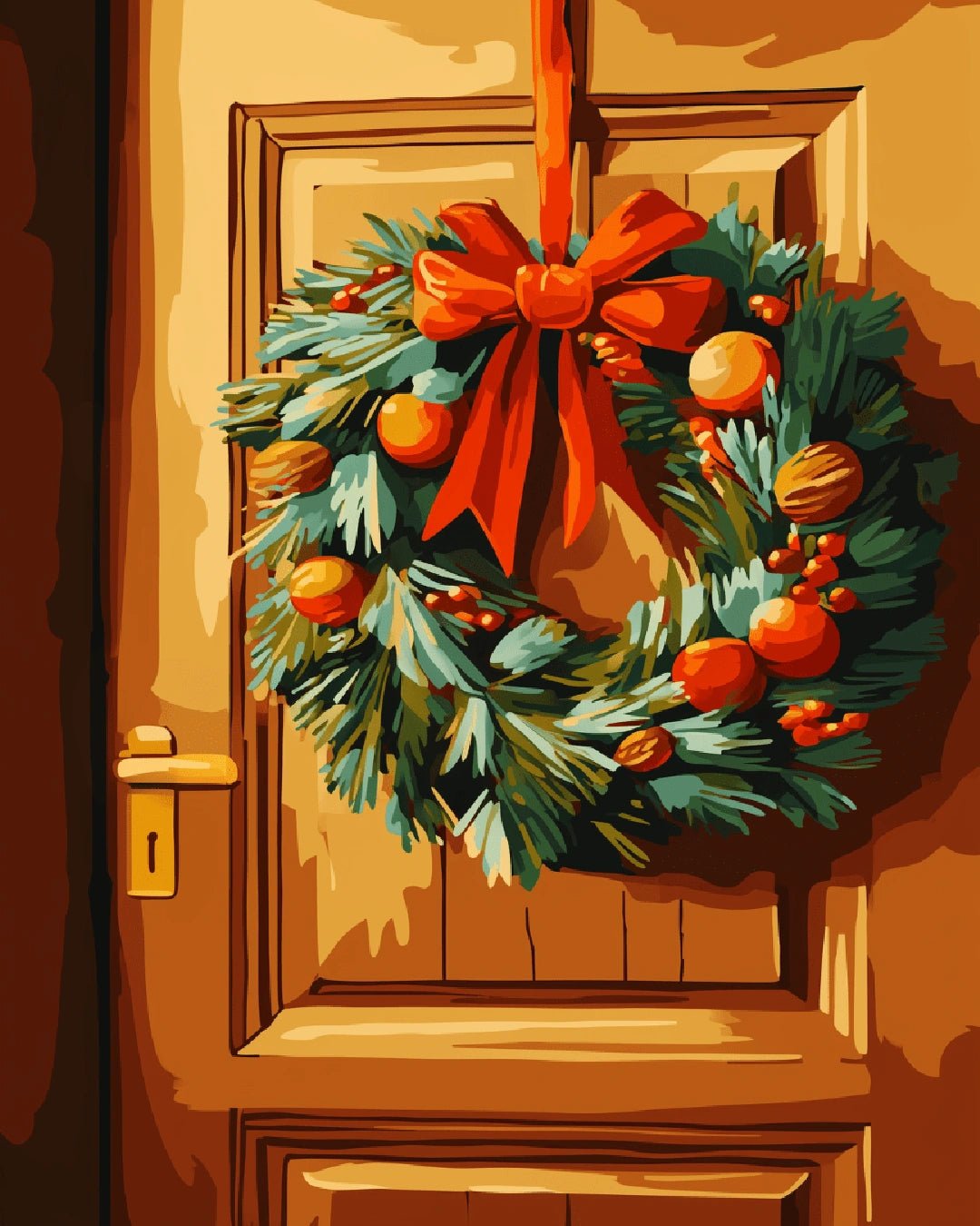 Canvas wreath paint by numbers kit for adults showcasing a centered evergreen wreath with ornaments and a red ribbon bow by Tinta Canvas